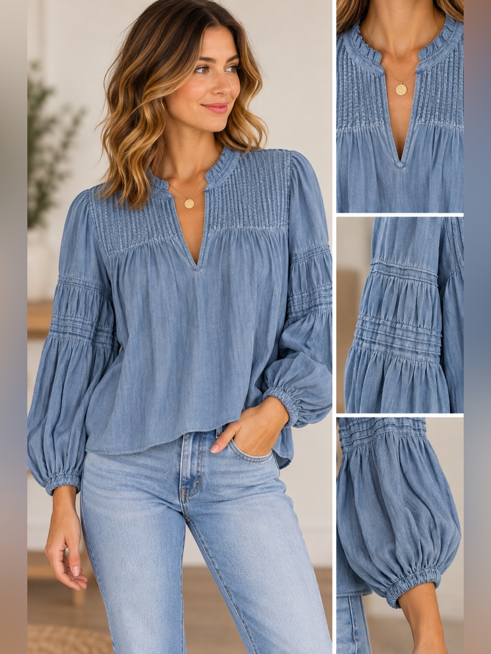 Rails Blue Pintuck Peasant Blouse Balloon Sleeve Cotton Top M